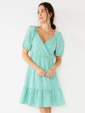 Draper James Mint Gingham Puff-Sleeve Wrap Midi Dress